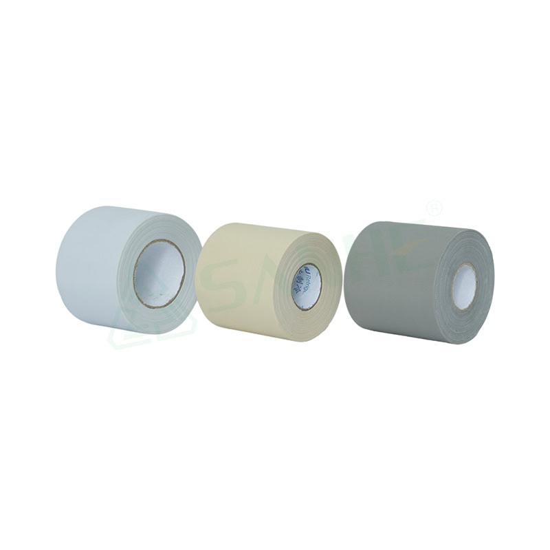 Three rolls of cable tape in white, beige, and gray colors, used for insulation and bundling in HVAC systems.